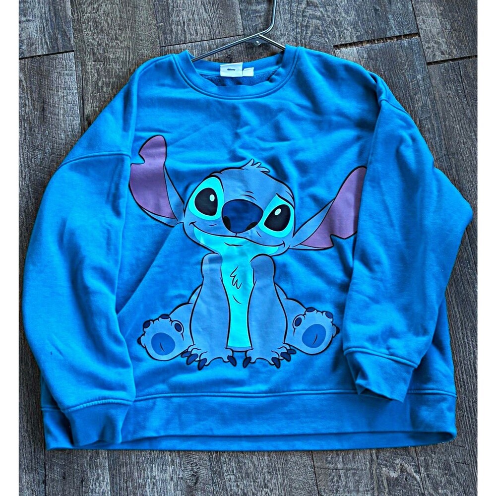 Disney Stitch Graphic Logo Fleece Crewneck Pullover Sweatshirt Blue XL